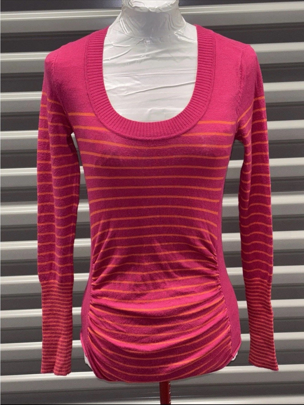 Takeout Y2K 2000’s Pink & Orange Striped Long Sleeve rayon Top Rouched  | Size S
